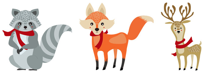 Cute vector animals icon set of raccoon, fox and reindeer wearing red scarf. This icon can use for Christmas characters, animal clipart, wild animals, wildlife, cold, Christmas themes and concepts. 
