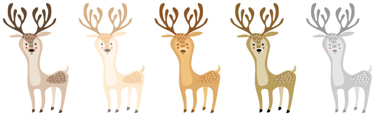 Cute vector animal icon set of reindeer in brown, ash, gray, dark brown colors. This icon can use as deer, doe, Christmas animal, etc.