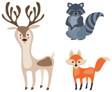 Cute vector animals icon set of raccoon, fox and reindeer. This icon can use for Christmas characters, animal clipart, wild animals, wildlife themes and concepts. 