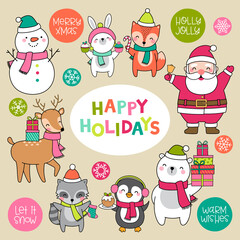 Set of cute cartoon character illustration for christmas and new year celebration