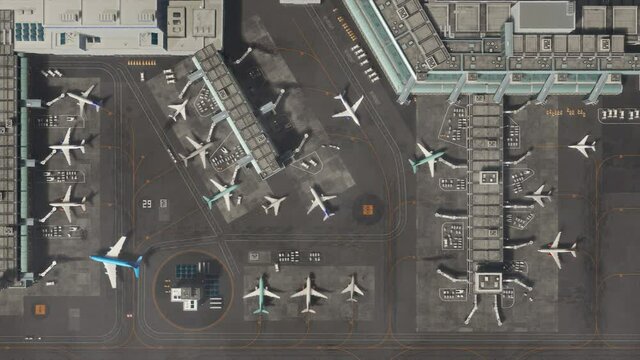 Aerial View of a 3D Commercial Airport Render with Parked Planes, Passenger Terminals, Runway and Service Machinery. Top Down Panning View of Modern VFX Aircrafts Moving International Port During Day.