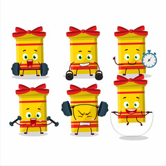 A healthy yellow long gift box cartoon style trying some tools on Fitness center