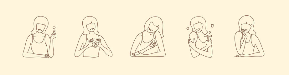 Set of vector illustration of minimalistic female portraits. Woman silhouette in simple trendy linear style. Self care, body positive. Modern line art. Gesture, sign love, hugging, heart shape in hand