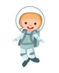 Child astronaut in a spacesuit. Kid. Children's illustration. Little girl. Flat style. Cartoon design. Isolated on white background. Vector