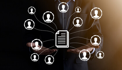 Man hold document and user icon.Corporate data management system DMS and document management system...