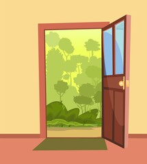 Opened door. From inside of room at home. Summer Green landscape view. Yellow wall. Way is open. Cartoon cute fairy tale design. Image background. Vector