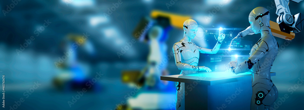 Poster computer aided manufacturing, 3d ai artificial intelligence teamwork robot, robot arms in m2m smart 