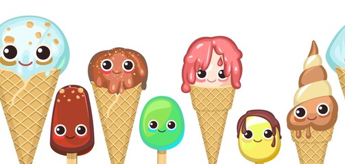 Various ice cream. Funny cartoon characters. Horizontal seamless background illustration. In waffle cups and cones. Creamy and chocolatey. Popsicle on stick. Set. Isolated Vector.