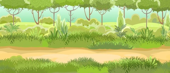 Obraz premium Road at the edge of the forest. Herbaceous green thickets and bushes. Beautiful and graceful landscape. Flat style. Cartoon design. Vector