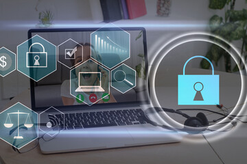 Digital cybersecurity and network protection concept. Virtual locking mechanism to access shared resources. Interactive virtual control screen with padlock. laptop on background