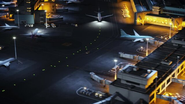 Aerial View of a 3D Commercial Airport Render with Airplanes, Passenger Terminals, Runway and Service Machinery. Top Down Panning View of Modern VFX Aircrafts Moving International Port at Night.