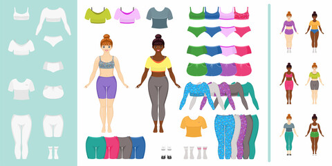 Pretty young women of big sizes, dressed in sportswear. Body positive. Dress up paper doll. Cartoon flat style. Vector illustration