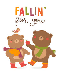 "Fallin' for you" typography design with cute bear couple and little bird cartoon for autumn greeting card design template.