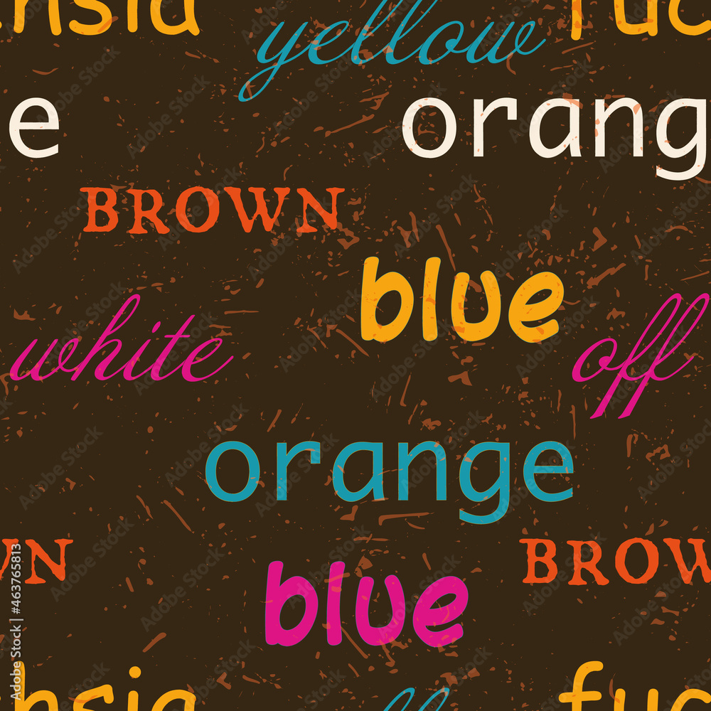 Poster retro trendy seamless pattern with coloured words in brown, yellow, orange and offwhite repeat patte