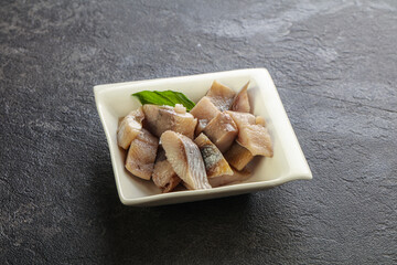 Sliced herring fillet in the bowl