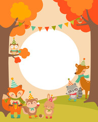 Cute woodland cartoon animals with copy space for kids party invitation card template.