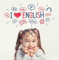 Beautiful cute little girl with eyeglasses smiling while illustrations and words in English above...