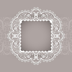 Lacy decorative white frame on a beige background in a vector. A vignette for a card, invitations, anniversary, a wedding and other solemn events. Wallpaper baroque with space for your text.
