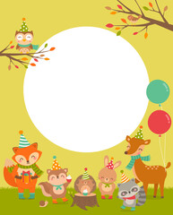 Cute woodland cartoon animals with copy space for kids party invitation card template.