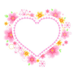 Fototapeta na wymiar Vector illustration of a frame in the shape of a heart made of pink and yellow flowers. Heart of spring flowers. Greeting card, invitation, banner for solemn events.