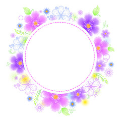 Vector illustration of a frame in the shape of a circle of pink, blue and purple flowers. Wreath of spring flowers. Greeting card, invitation, banner for solemn events.