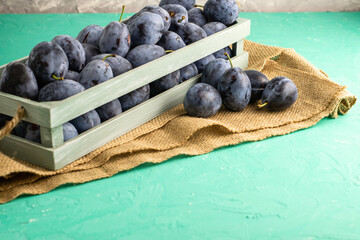 freshly picked ripe plum in a vintage box on a piece of burlap several plums lie next to each other on the table