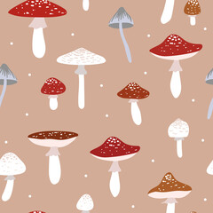 Fly agaric seamless pattern. Hand drawn vector illustration wish mushrooms. Texture with colorful poisonous mushroom on pastel background. Autumn collection.