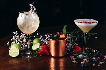 Various premium drinks or cocktails on the table in restaurant