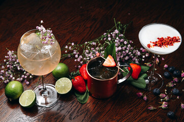 Various premium drinks or cocktails on the table in restaurant