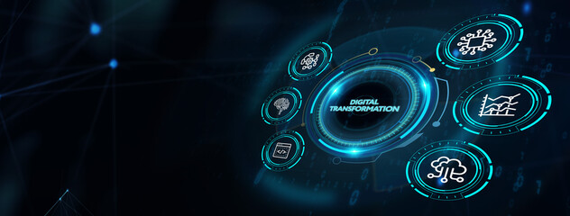 Concept of digitization of business processes and modern technology. Digital transformation. 3d illustration