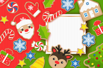 Fototapeta na wymiar Happy New Year greeting card. Christmas Santa,tree, bell, gift, deer, snowflakes, lollipop, holly. Christmas gingerbread paper cut style. Winter holidays