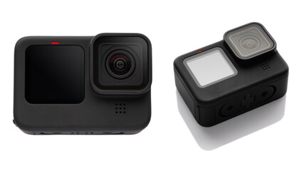 New black Action Camera with color front display for selfie, isolated on white background.