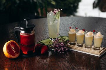 Various premium drinks or cocktails on the table in restaurant