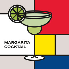 Margarita cocktail in margarita glass. Modern style art with rectangular color blocks. Piet Mondrian style pattern.