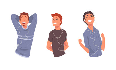 Cheerful Young Man with Earphones Listening to Music and Audio Track in His Player Vector Set