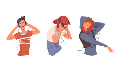 Cheerful Young Man and Woman with Earphones Listening to Music and Audio Track in His Player Vector Set