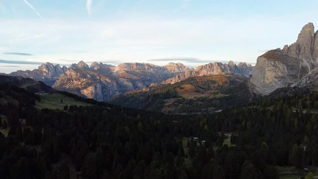 Seceda, Stevia and Cirspitzen in Dolomites. Beautiful panorama in South Tyrol during bloody red sunset.