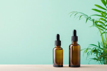 Amber glass dropper bottles with black lid . Skincare concept with mint green and wooden surface background with green palm leaves. Spa natural cosmetic concept for face body care