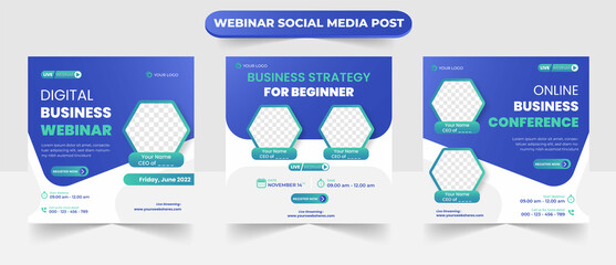 Set of social media post layout for online live webinar video conference training seminar course and learning banner flyer poster template design