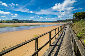 Fototapeta na wymiar wooden walkway along a paradisiacal beach. dreamlike scenery for a relaxing holiday. way of life