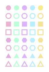 A set of point sticker illustrations of various shapes and pastel colors. Digital stickers in the shape of triangles, squares, hexagons, circles.