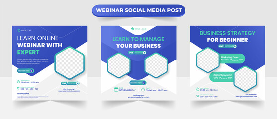 Set of social media post layout for online live webinar video conference training seminar course and learning square banner flyer poster template design