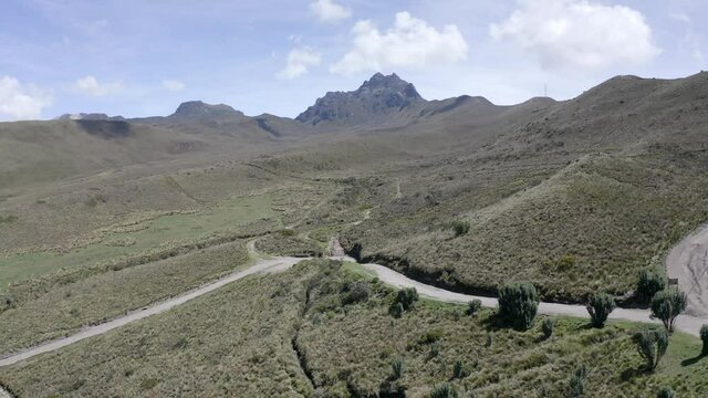 Panoramic view of Rucu Pichincha and the fields near it. There are trails leading to the dormant volcano of the moorlands in the Andes of Ecuador.