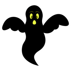 Ghost. Silhouette. Frightening facial expression. Vector illustration. Isolated white background. Bringing. Halloween symbol. Angry grimace. White sheet suit. Spirit. Idea for web design. 