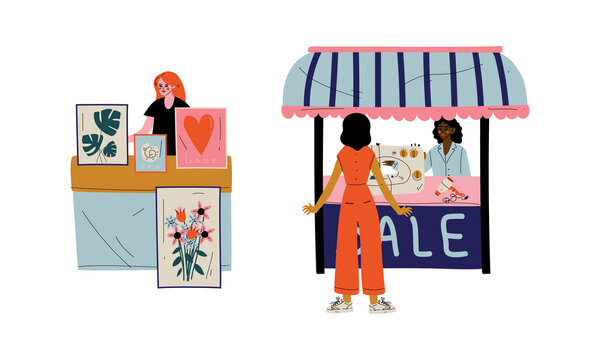 Woman Character Selling Goods at Marketplace or Flea Market Vector Illustration Set