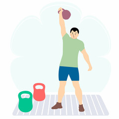 Silhouette of a weightlifter in a standing position with a kettlebell. Sports in the gym. Weight-lifting. Flat style. Isolated vector illustration.