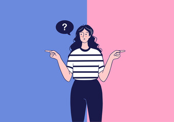 Pensive woman makes a choice, vector illustration.