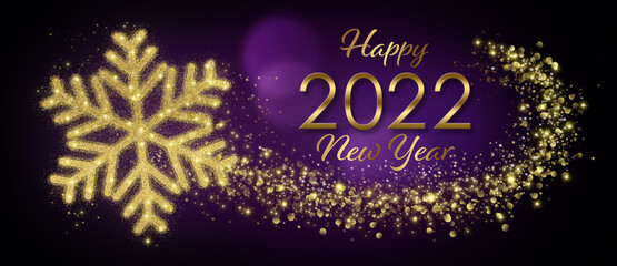 Fototapeta na wymiar Happy 2022 New Year Greeting Card With Golden Snowflake In Abstract Purple Night