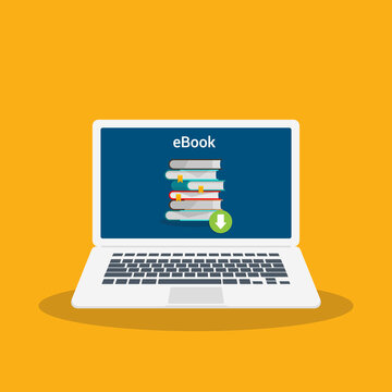 Download book. E-book marketing, content marketing, e-book download on laptop . Vector illustration.