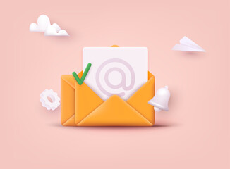 Subscribe to newsletter. Vector illustration for online marketing and business. Open envelope with letter on phone. Sign up to mailing list. 3D Web Vector Illustrations. - obrazy, fototapety, plakaty